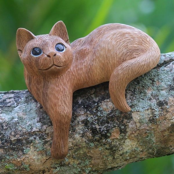 Alternate image for Wood Cat Sculpture Hand Carved in Indonesia Watchful Long Haired Cat