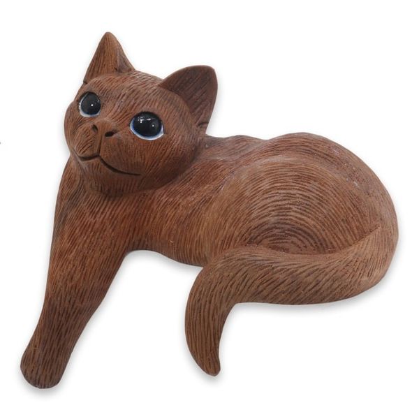 Alternate image for Wood Cat Sculpture Hand Carved in Indonesia Watchful Long Haired Cat