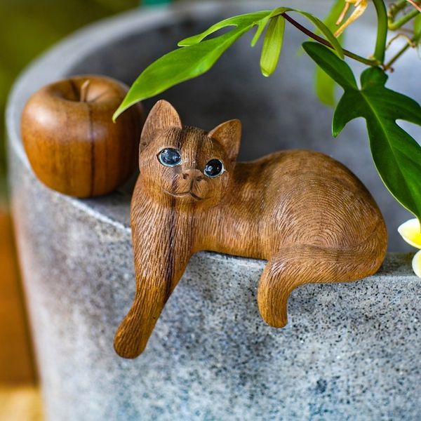 Alternate image for Wood Cat Sculpture Hand Carved in Indonesia Watchful Long Haired Cat
