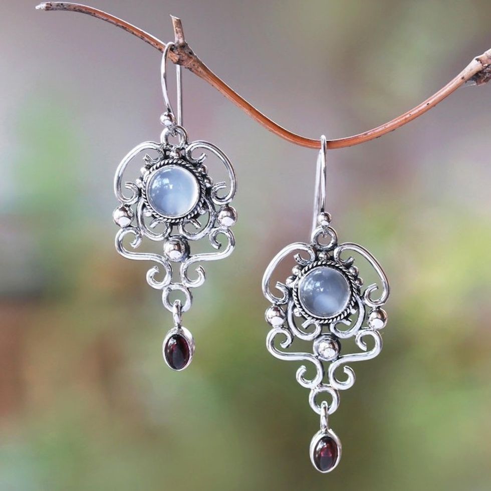 Moonstone and garnet dangle earrings 'Spirit Chandelier'