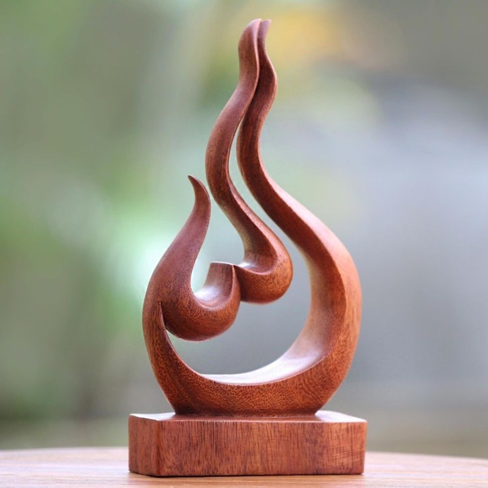 Hand Carved Suar Wood Heart and Flame Abstract Sculpture 'Lover's Passion'