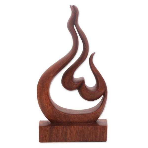 Alternate image for Hand Carved Suar Wood Heart and Flame Abstract Sculpture Lovers Passion