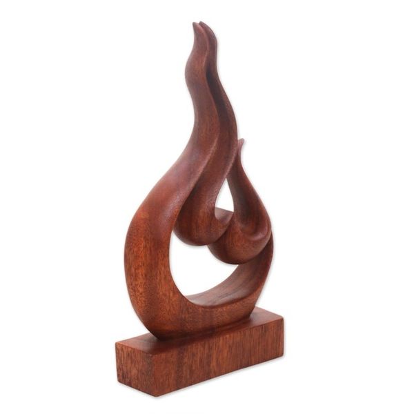 Alternate image for Hand Carved Suar Wood Heart and Flame Abstract Sculpture Lovers Passion