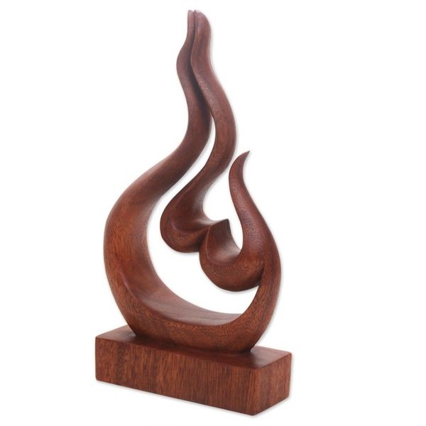 Alternate image for Hand Carved Suar Wood Heart and Flame Abstract Sculpture Lovers Passion