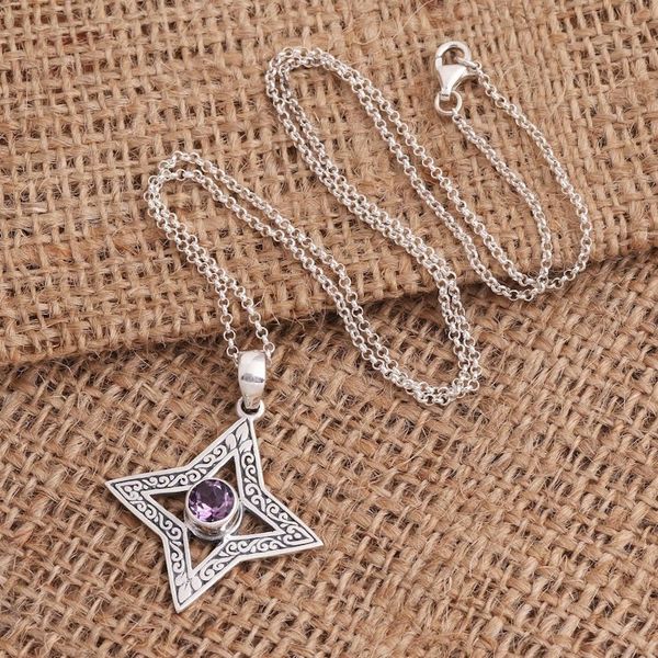 Alternate image for Four Pointed Star Sterling Silver Amethyst Pendant Due North
