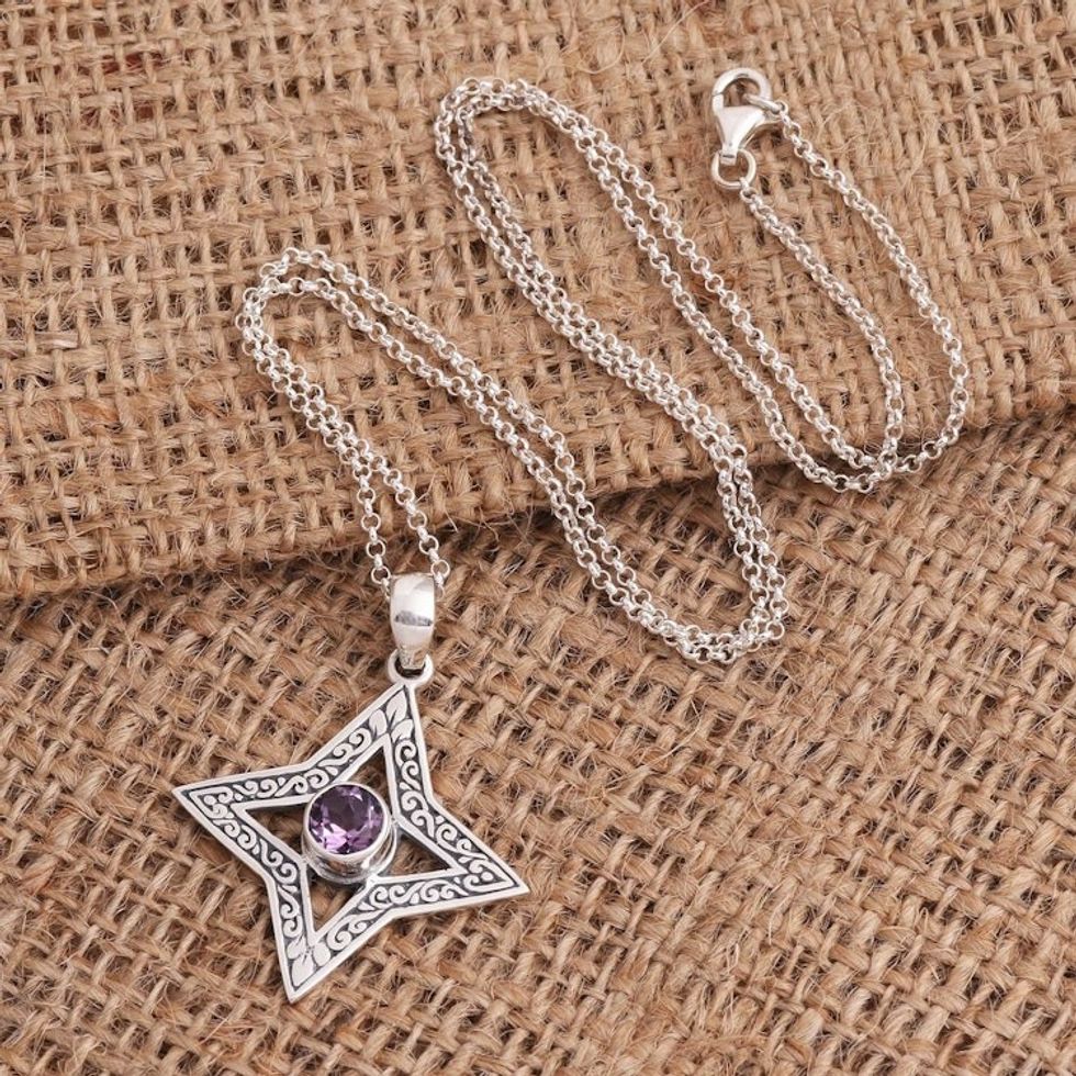 Four Pointed Star Sterling Silver Amethyst Pendant 'Due North'
