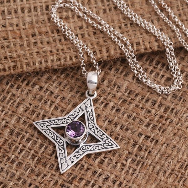 Alternate image for Four Pointed Star Sterling Silver Amethyst Pendant Due North