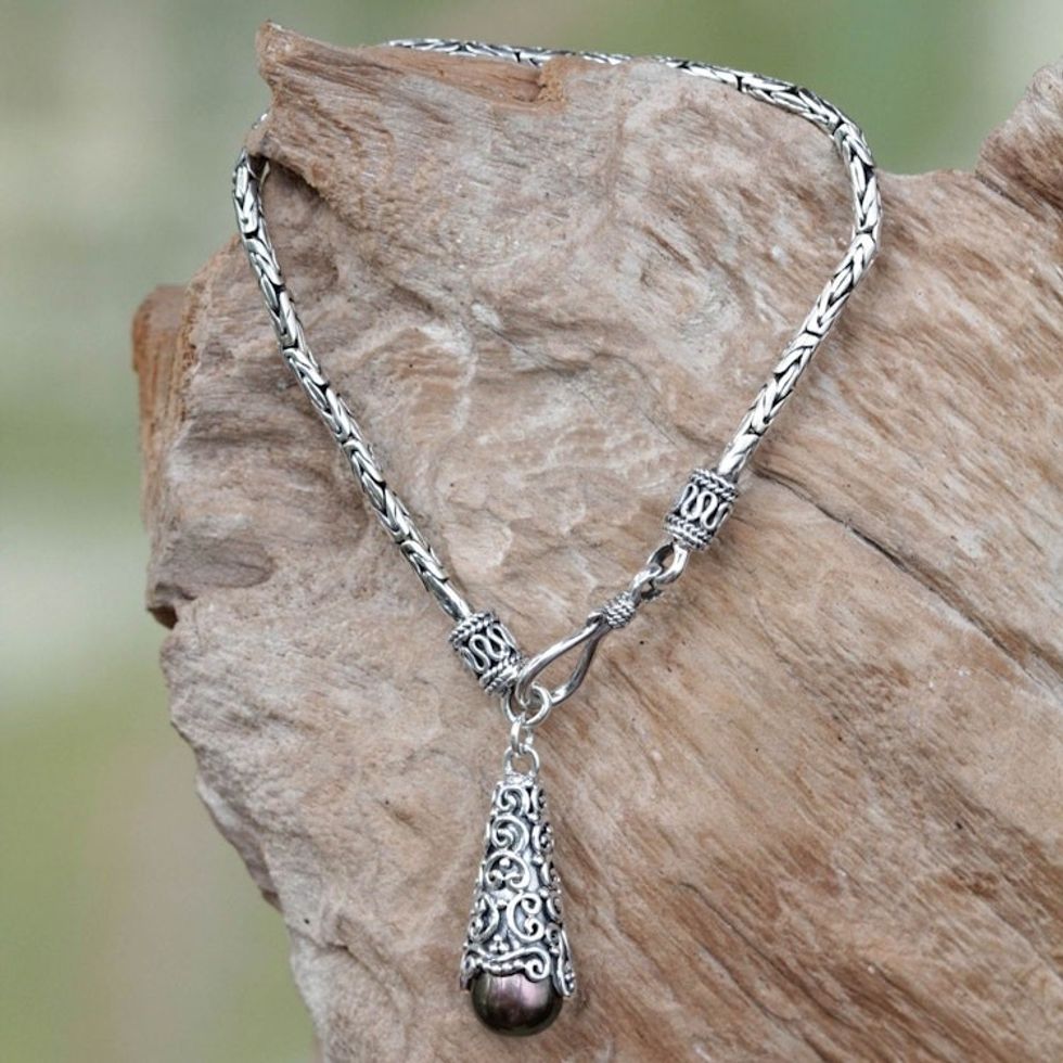 Sterling Silver and Brown Cultured Pearl Charm Bracelet 'Brown Arabesque Dewdrop'