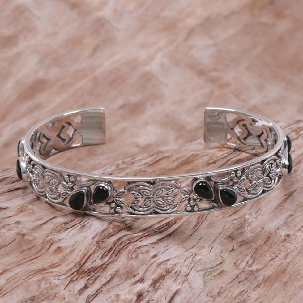 Onyx and Sterling Silver Cuff Bracelet from Indonesia 'Black Dewdrops'