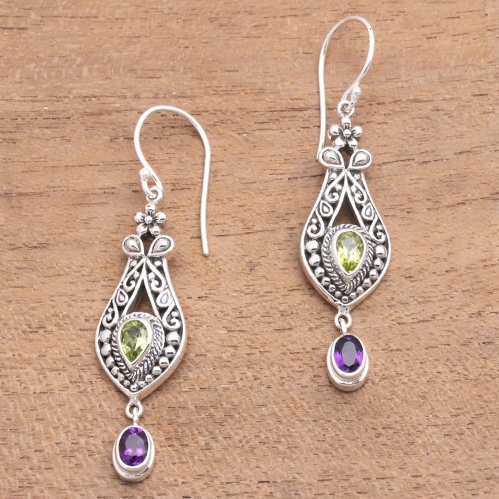 Faceted Peridot and Amethyst Dangle Earrings from Bali 'Diverse Combination'