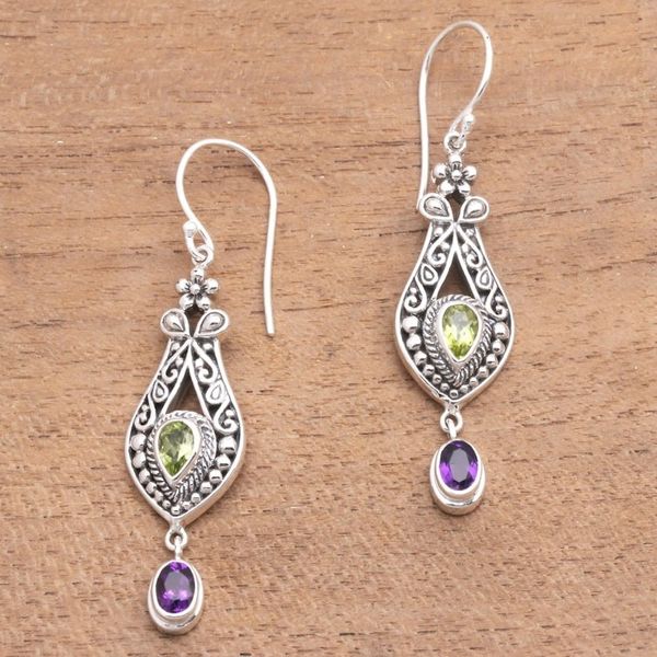 Alternate image for Faceted Peridot and Amethyst Dangle Earrings from Bali Diverse Combination