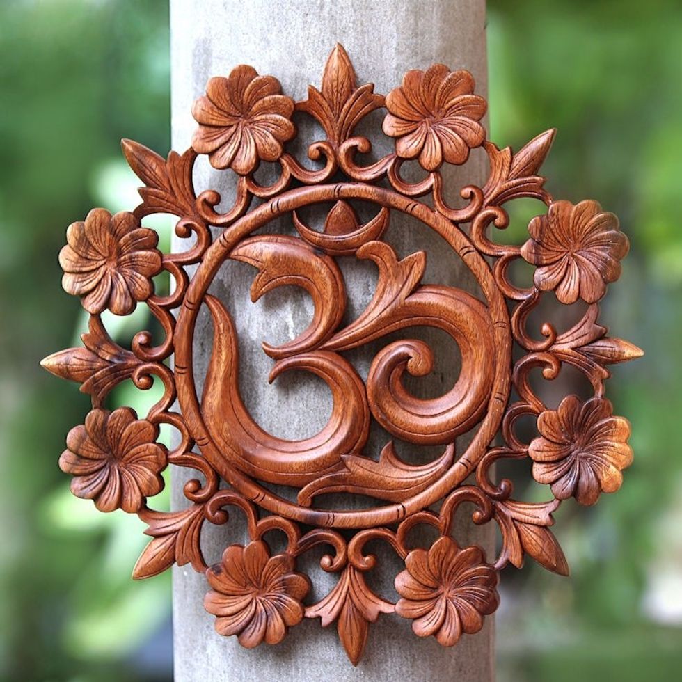 Floral Om Suar Wood Relief Panel from Bali 'Lively Om'