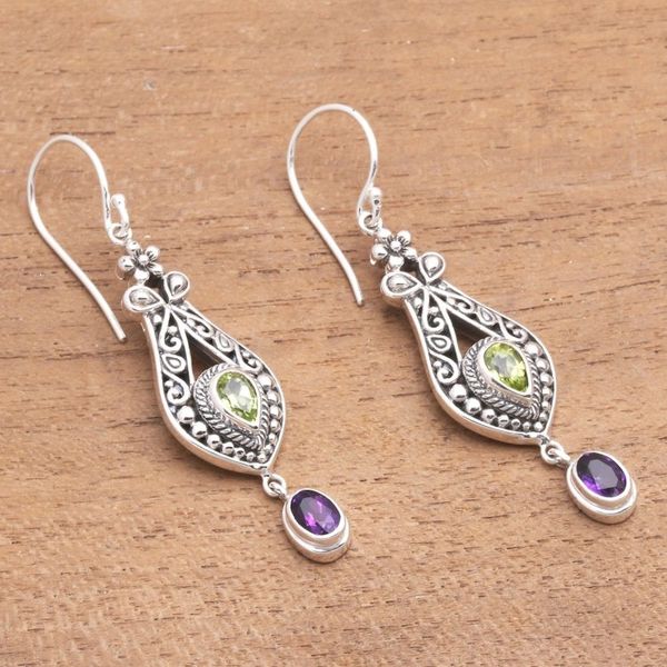 Alternate image for Faceted Peridot and Amethyst Dangle Earrings from Bali Diverse Combination