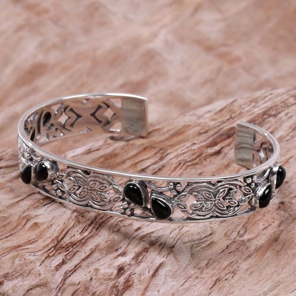Alternate image for Onyx and Sterling Silver Cuff Bracelet from Indonesia Black Dewdrops