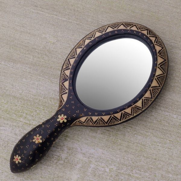 Alternate image for Fair Trade Art Javanese Hand Mirror Floral Batik on Wood Java Beauty
