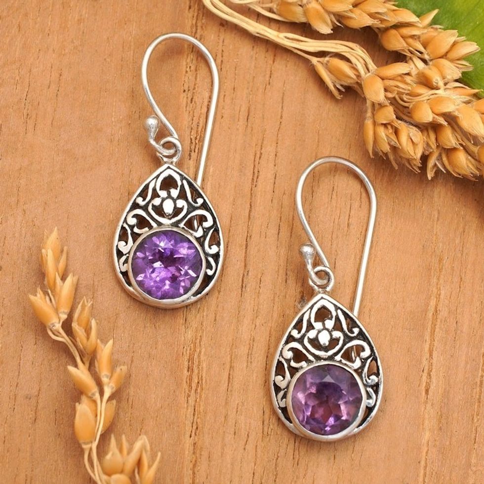 Sterling Silver and Amethyst Dangle Earrings 'Heavenly Temple'