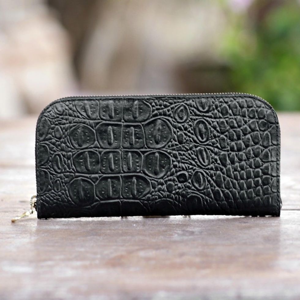Croc Embossed Black Leather Wallet 'Black Croc'