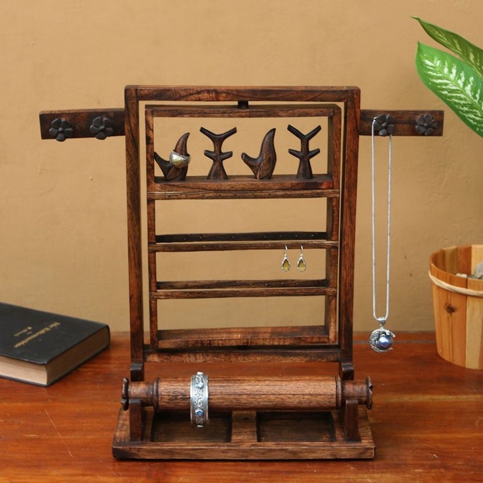 Floral Jempinis Wood Jewelry Stand in Dark Brown from Bali 'Serene Forest in Dark Brown'