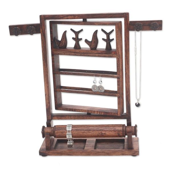 Alternate image for Floral Jempinis Wood Jewelry Stand in Dark Brown from Bali Serene Forest in Dark Brown