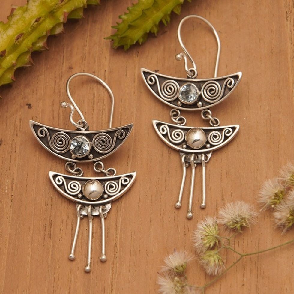 Balinese Sterling Silver and Blue Topaz Dangle Earrings 'Balinese Pagoda'