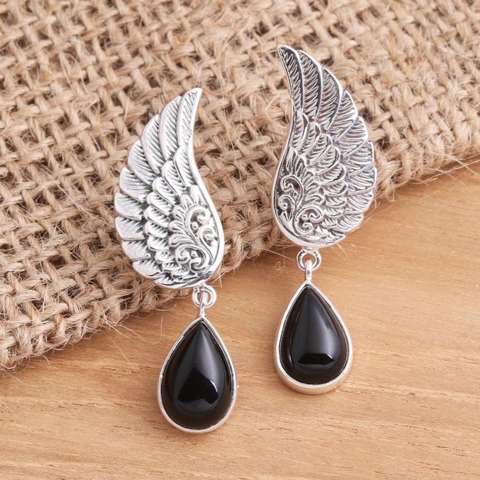 Onyx Sterling Silver Dangle Earrings Wings 'On the Wings of Midnight'