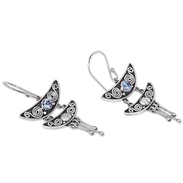 Alternate image for Balinese Sterling Silver and Blue Topaz Dangle Earrings Balinese Pagoda