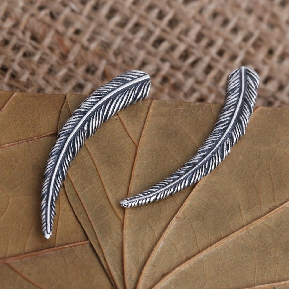 Ear Climber Earrings in Sterling Silver 'Coconut Leaf'