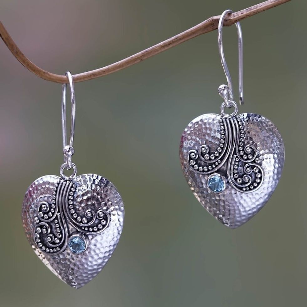 Sterling Silver Heart Earrings with Blue Topaz 'Love's Story'