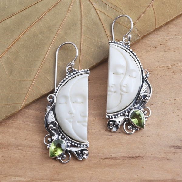 Alternate image for Peridot and Sterling Silver Moon Dangle Earrings Cheek to Cheek