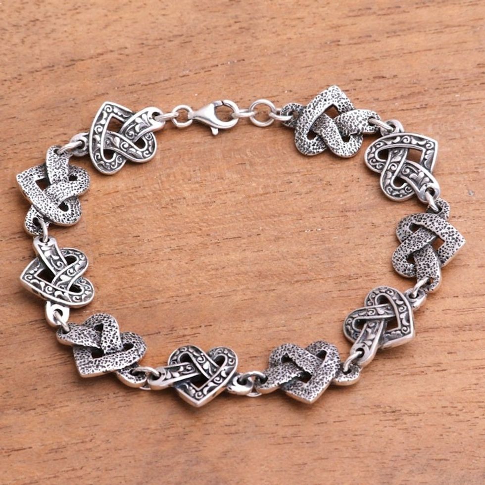 Heart-Shaped Sterling Silver Link Bracelet from Java 'Combined Love'