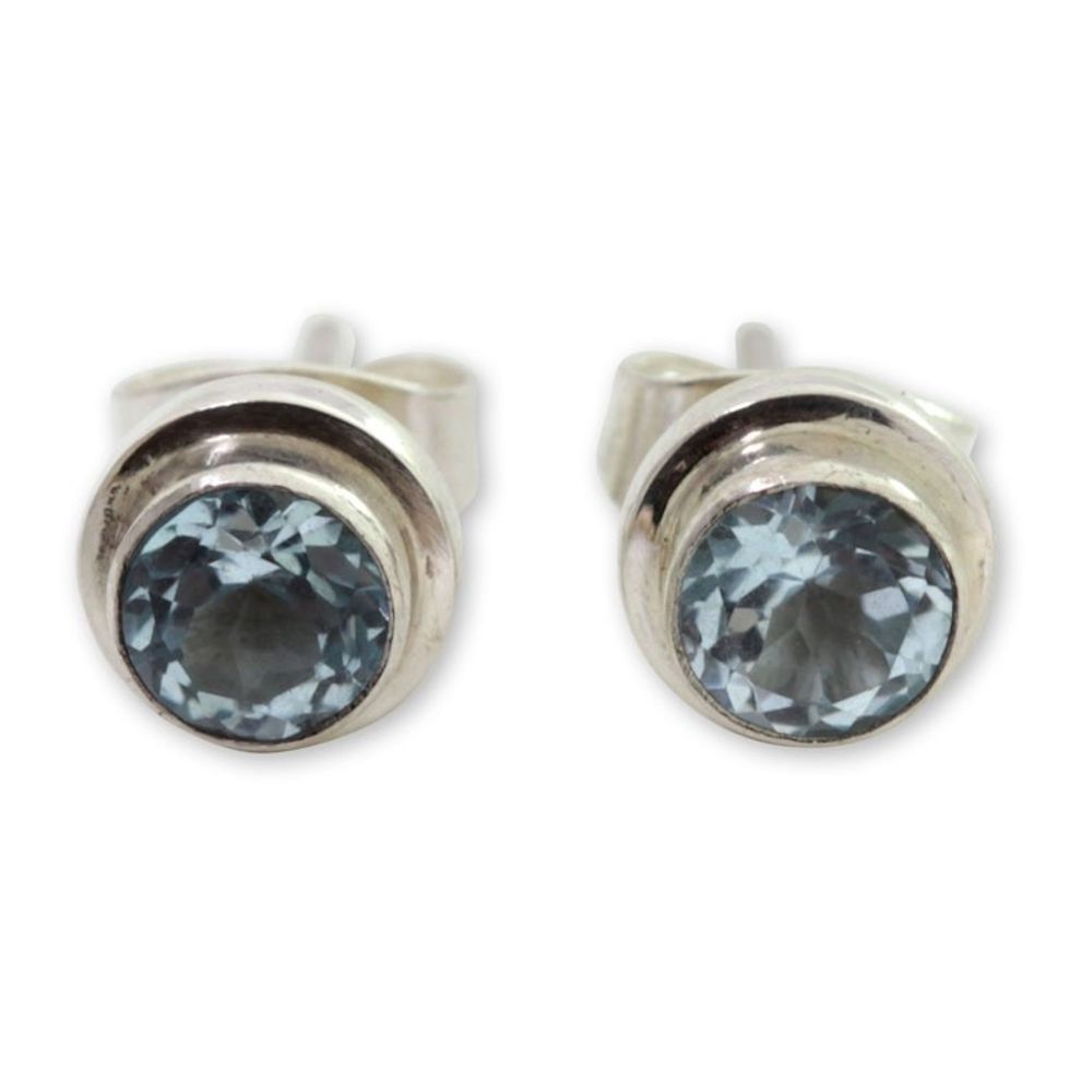 Classic Blue Topaz and Sterling Silver Round Stud Earrings 'Blue Simplicity'