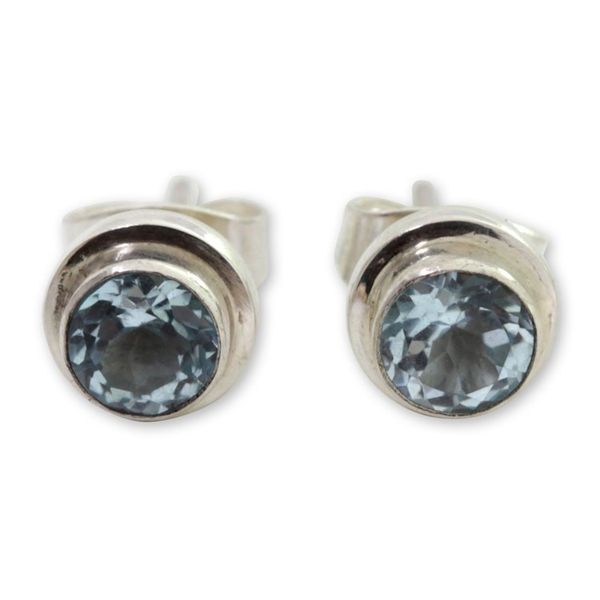 Alternate image for Classic Blue Topaz and Sterling Silver Round Stud Earrings Blue Simplicity