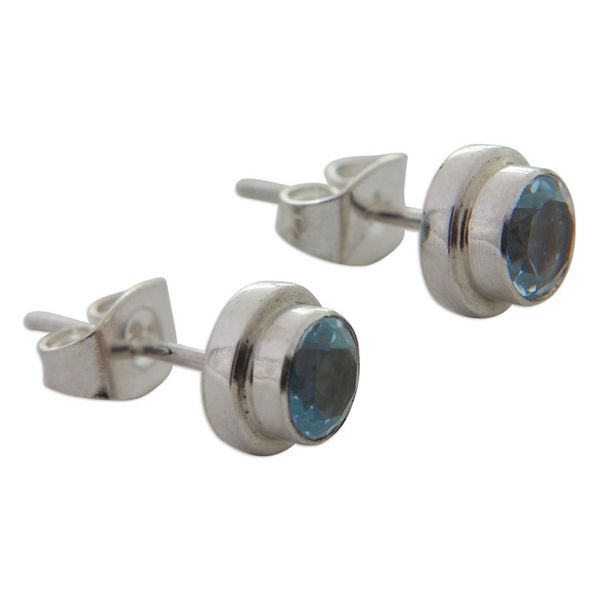 Alternate image for Classic Blue Topaz and Sterling Silver Round Stud Earrings Blue Simplicity