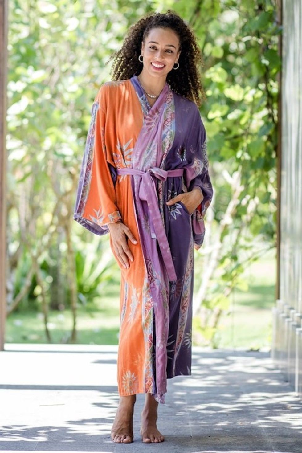 Hand-Stamped Batik Robe with Chakra Motif 'Dusky Sunrise'
