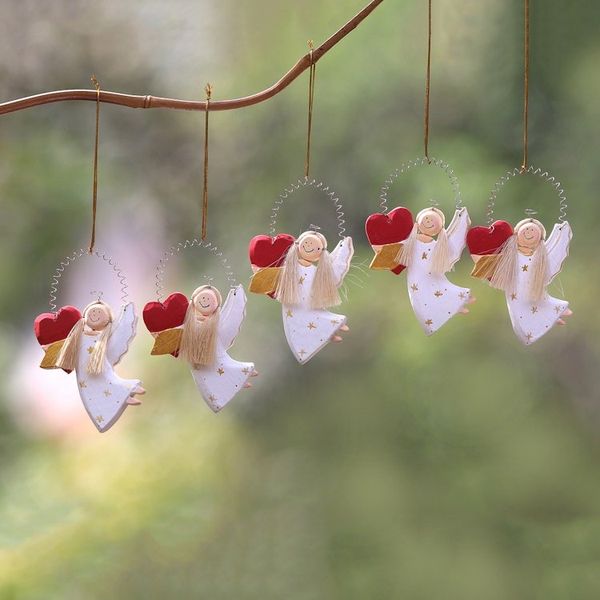 Alternate image for Heart-Themed Wood Angel Ornaments in White Set of 5 Loving Angels