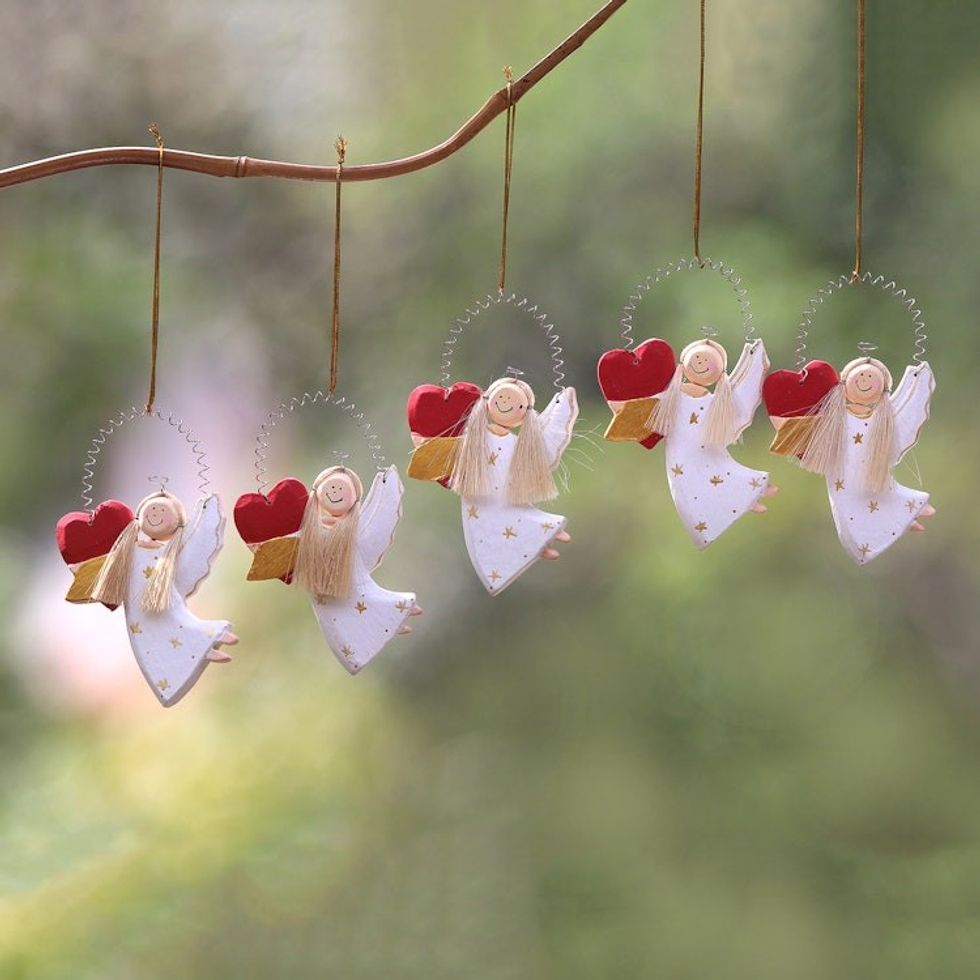 Heart-Themed Wood Angel Ornaments in White Set of 5 'Loving Angels'
