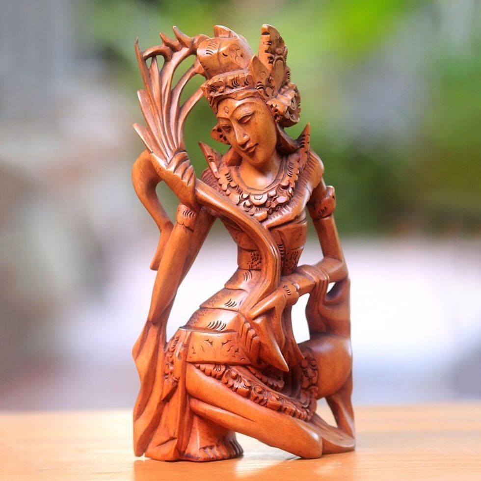 Hand-Carved Wood Hindu Sculpture of Sri from Bali 'Dancing Sri'