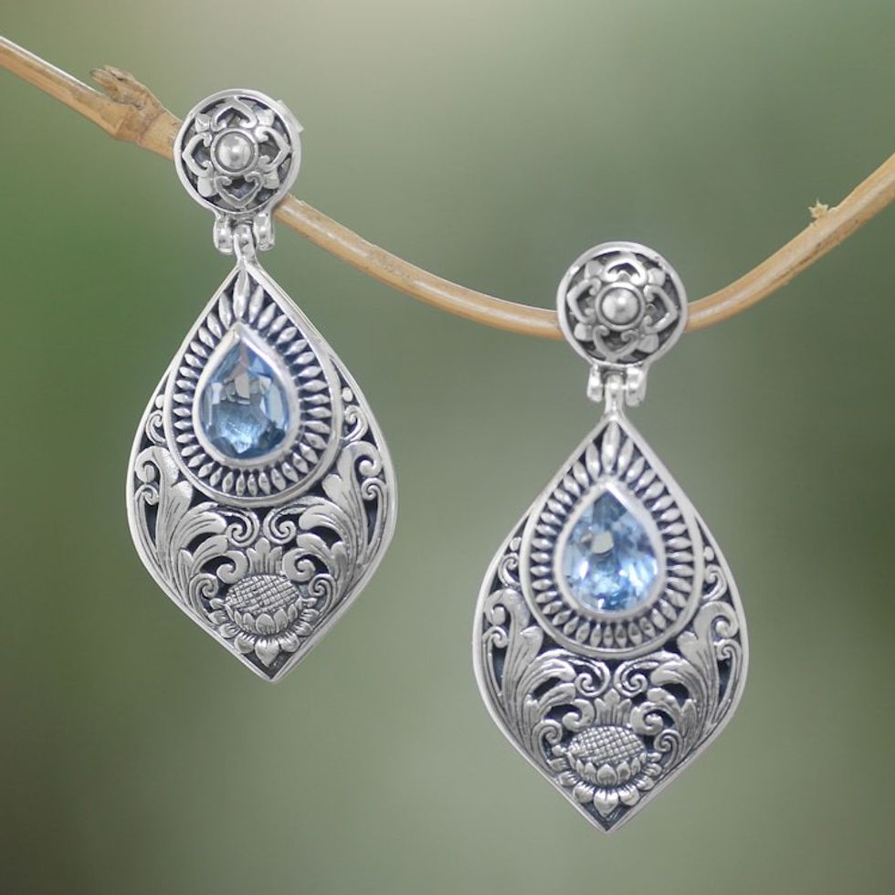Floral Blue Topaz Dangle Earrings from Bali 'Tari Lotus'