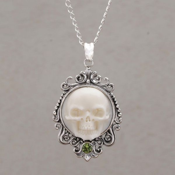 Alternate image for Peridot and Bone White Skull Pendant Necklace from Bali Skull Stare in White