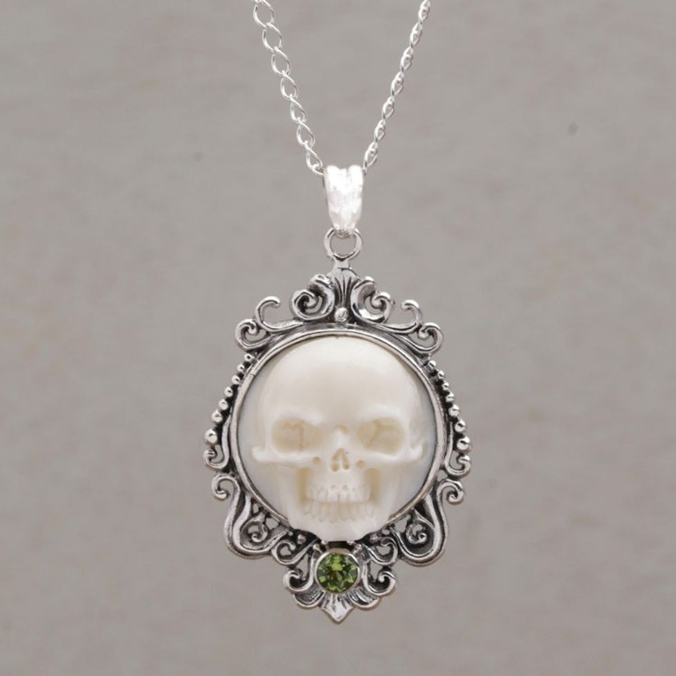 Peridot and Bone White Skull Pendant Necklace from Bali 'Skull Stare in White'
