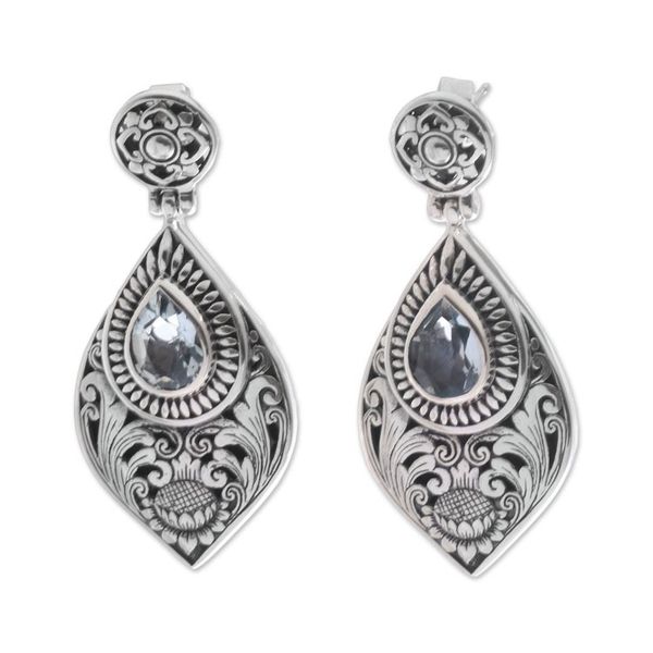 Alternate image for Floral Blue Topaz Dangle Earrings from Bali Tari Lotus