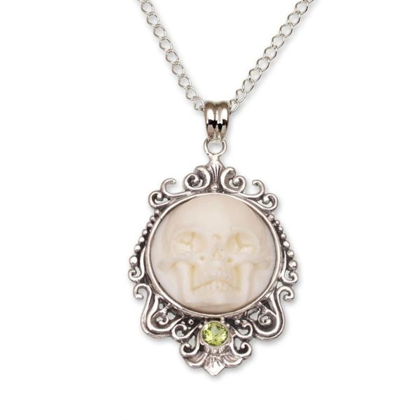 Alternate image for Peridot and Bone White Skull Pendant Necklace from Bali Skull Stare in White