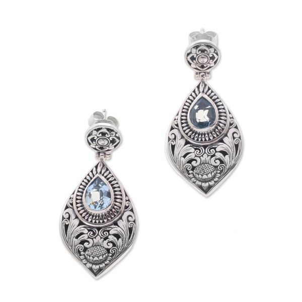 Alternate image for Floral Blue Topaz Dangle Earrings from Bali Tari Lotus