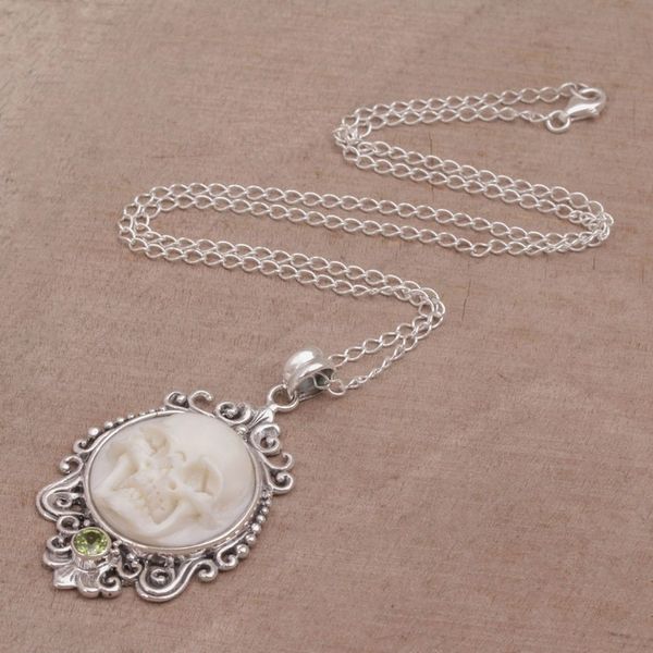 Alternate image for Peridot and Bone White Skull Pendant Necklace from Bali Skull Stare in White