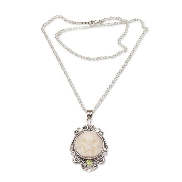 Alternate image for Peridot and Bone White Skull Pendant Necklace from Bali Skull Stare in White