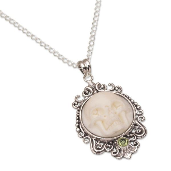 Alternate image for Peridot and Bone White Skull Pendant Necklace from Bali Skull Stare in White