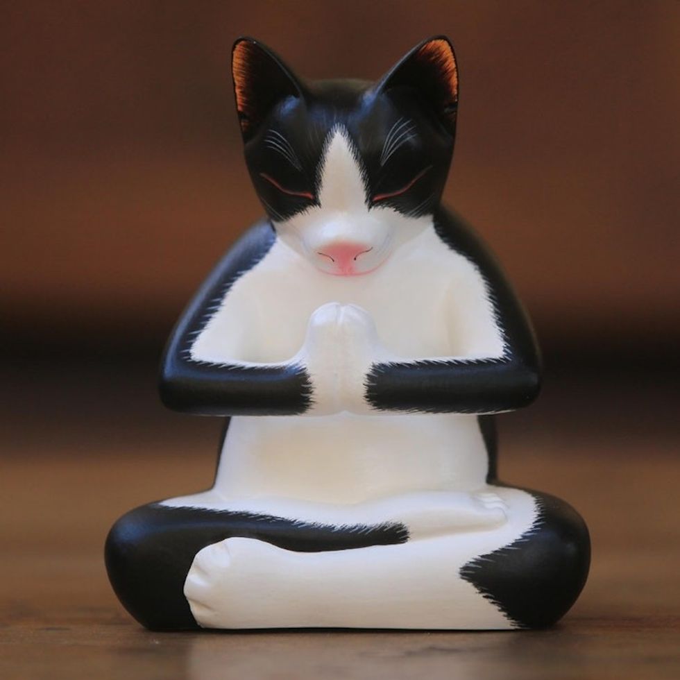 Wood Sculpture of a Meditating Tuxedo Cat from Bali 'Meditating Tuxedo Kitty'