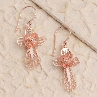 Alternate image for Hand Crafted Rose Gold Plated Flower Dangle Earrings Flower Cross