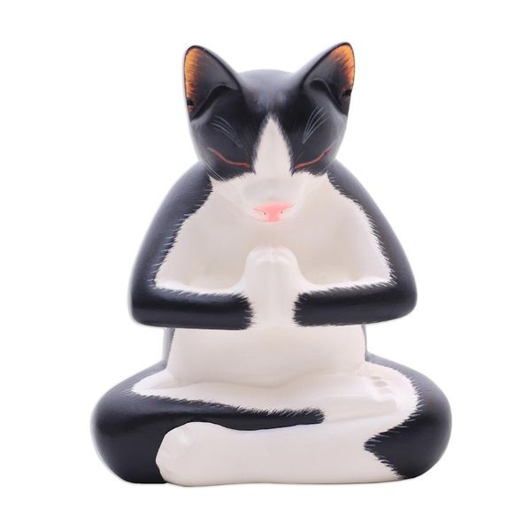 Alternate image for Wood Sculpture of a Meditating Tuxedo Cat from Bali Meditating Tuxedo Kitty