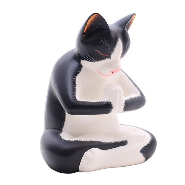 Alternate image for Wood Sculpture of a Meditating Tuxedo Cat from Bali Meditating Tuxedo Kitty
